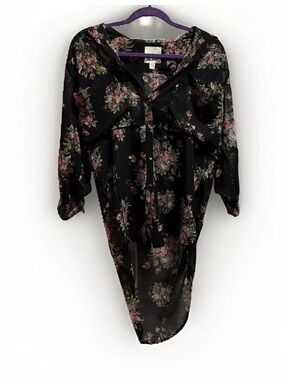 Line & Dot Womens S Floral Chiffon Blouse Black Sheer Oversized Boho AS IS